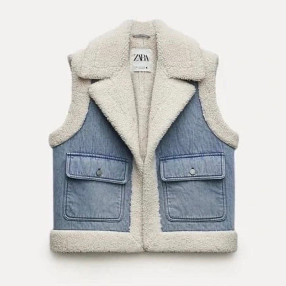 Zara Denim and Cream Sherpa oversized Vest